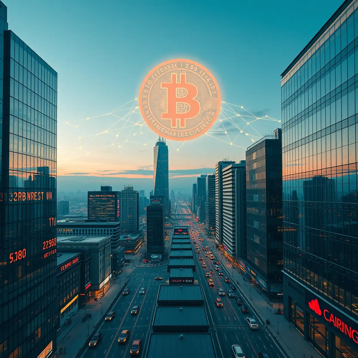 A panoramic view of a financial district glowing in twilight, with an abstract Bitcoin blockchain network floating above the city skyline.