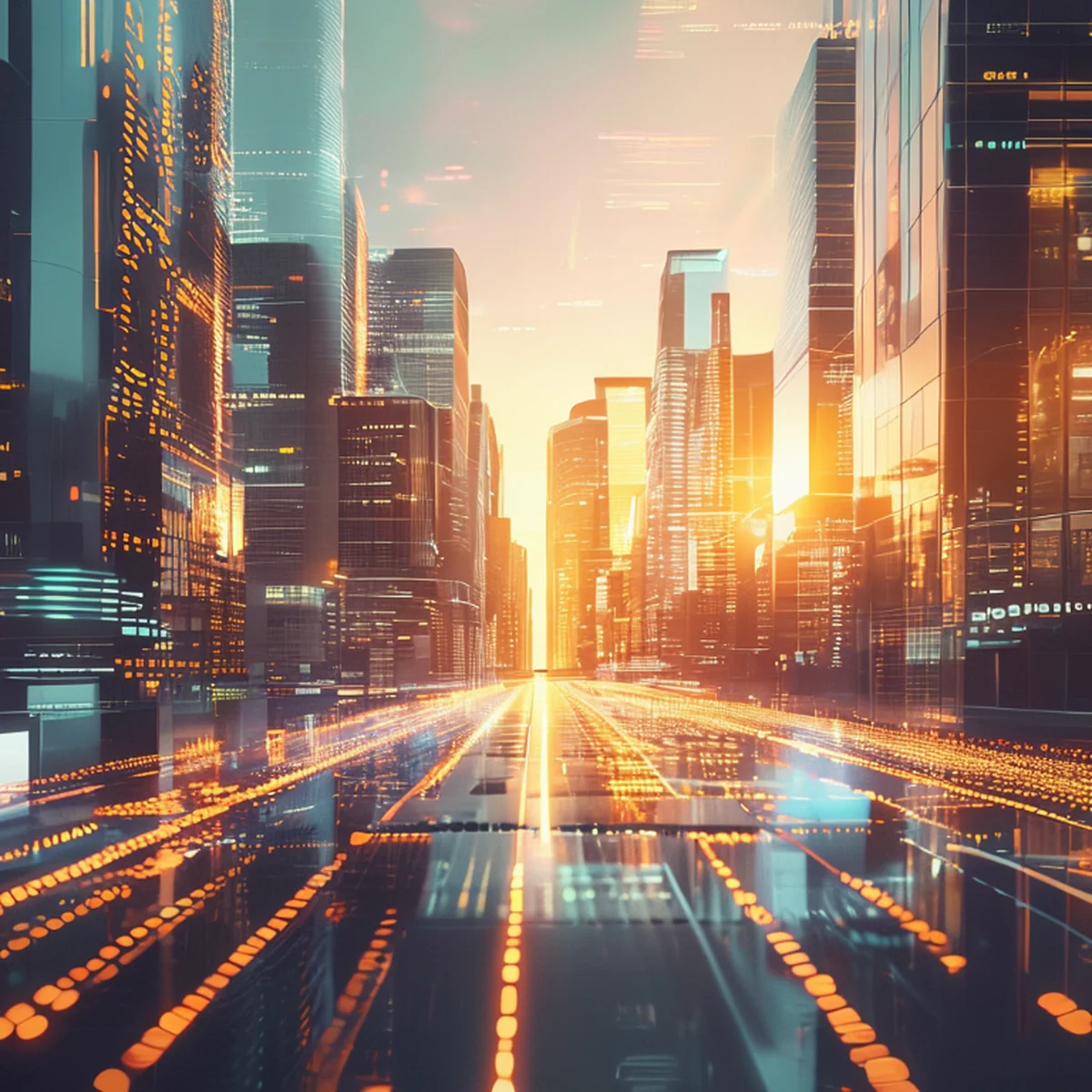 Distrito financiero futurista con flujos de datos de blockchain bajo la luz dorada.