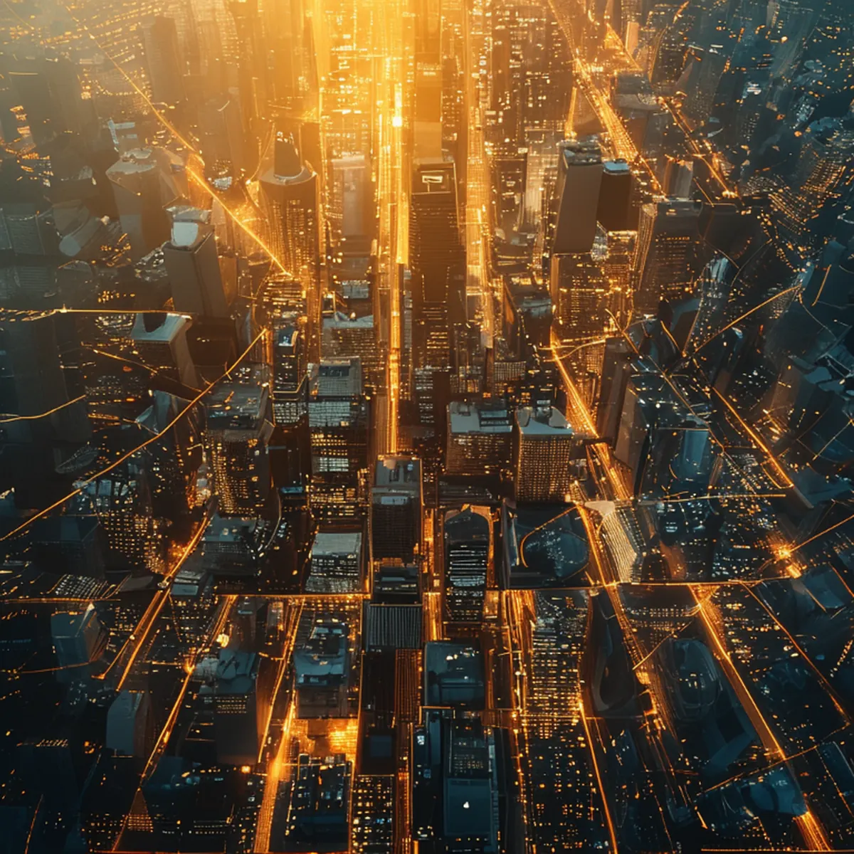 Luftaufnahme einer digitalen Stadt mit Datenströmen