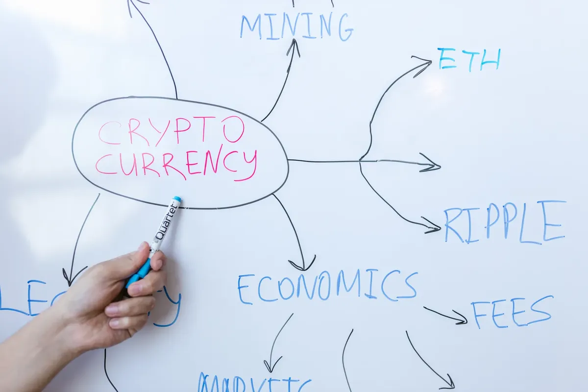 Hand writing cryptocurrency concepts on whiteboard in business meeting.