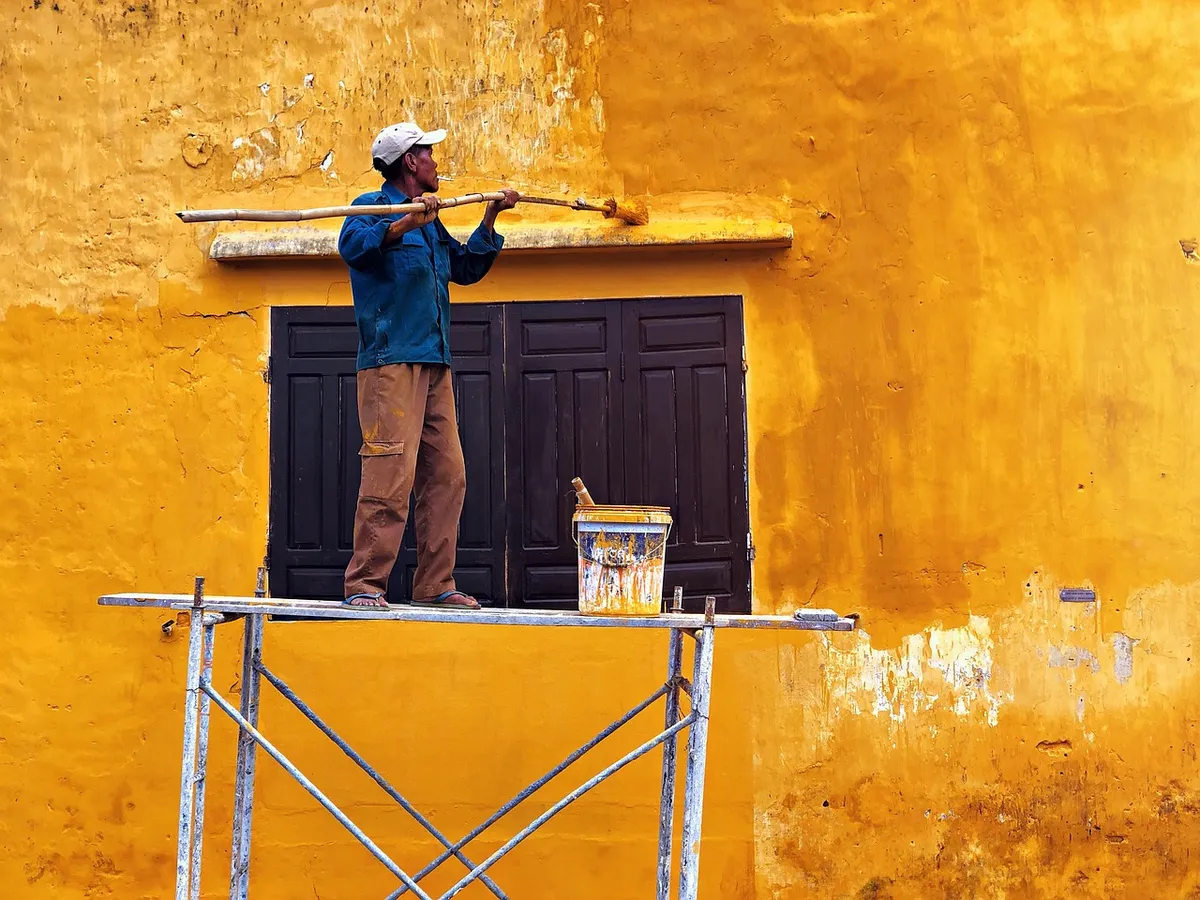 painter, to paint, vietnam, hoian, wall, house, framework, window, yellow, orange, painter, painter, painter, painter, painter, hoian, framework, framework, fra