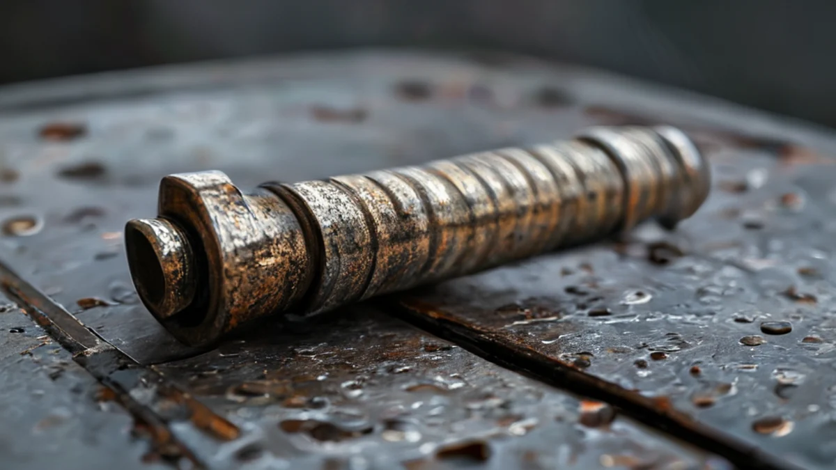 Ein kleiner Metallbolzen zeigt Zeichen von Oxidation und Dullheit.
