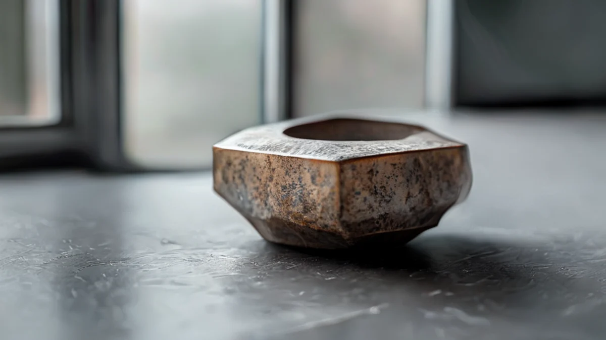 Electro-nut centrada, acero, forma hexagonal, acabado desgastado, sobre una mesa gris, luz de ventana suave, profundidad de campo superficial, realismo fotográfico, enfoque nítido, detalles altos