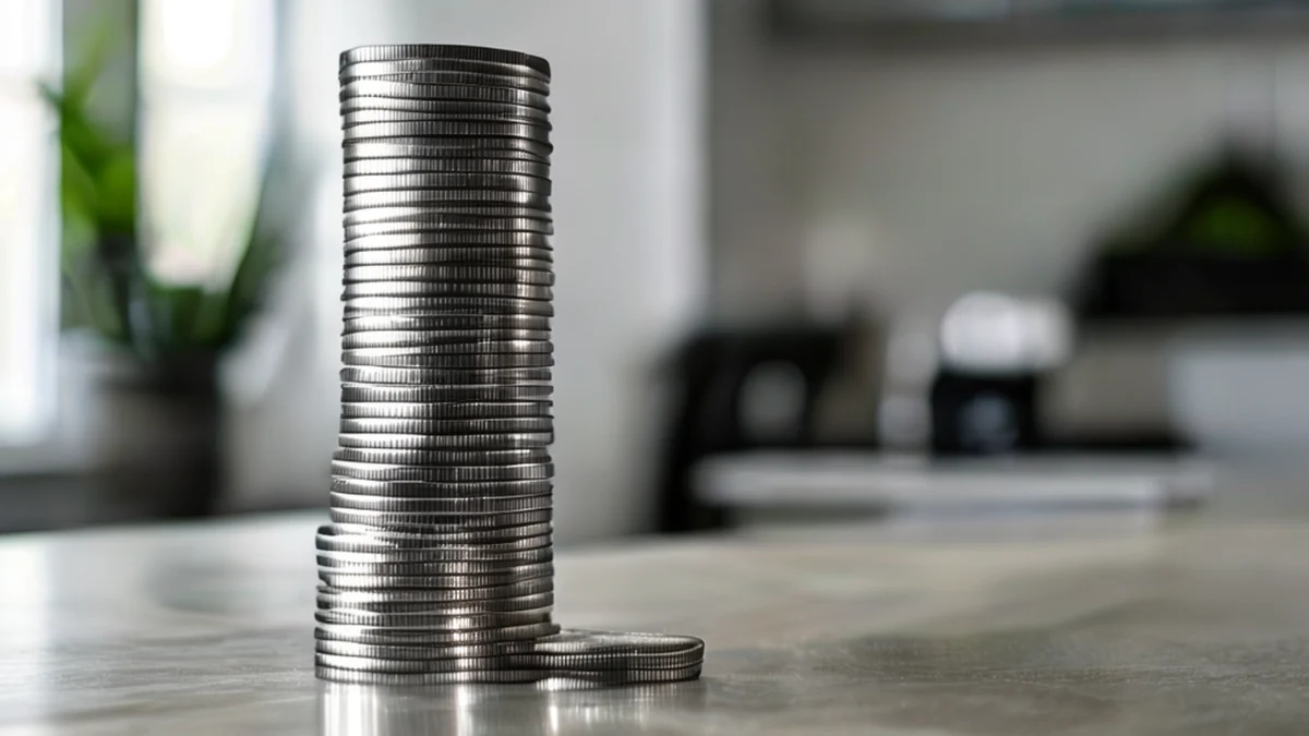 Une pile de pièces d'argent sur une table, plusieurs couches visibles.