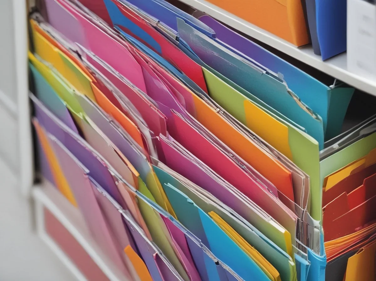 Una pila verticale ordinata di cartelle d'ufficio colorate su una scrivania