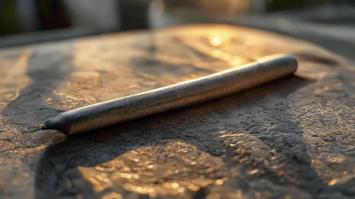 Un bastone di grafite su un tavolo di pietra, grigio-nero, liscio, sotto la luce dell'ora d'oro.