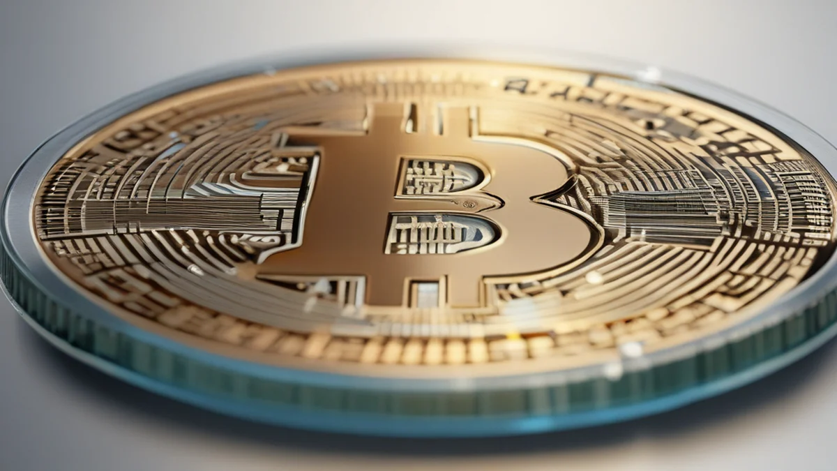 파이널 Bitcoin 코인, 투명한 유리, 빛나는 표면, 둥근 라인, 금색 시간, 얕은 포커스, 초현실적, 높은 세부도