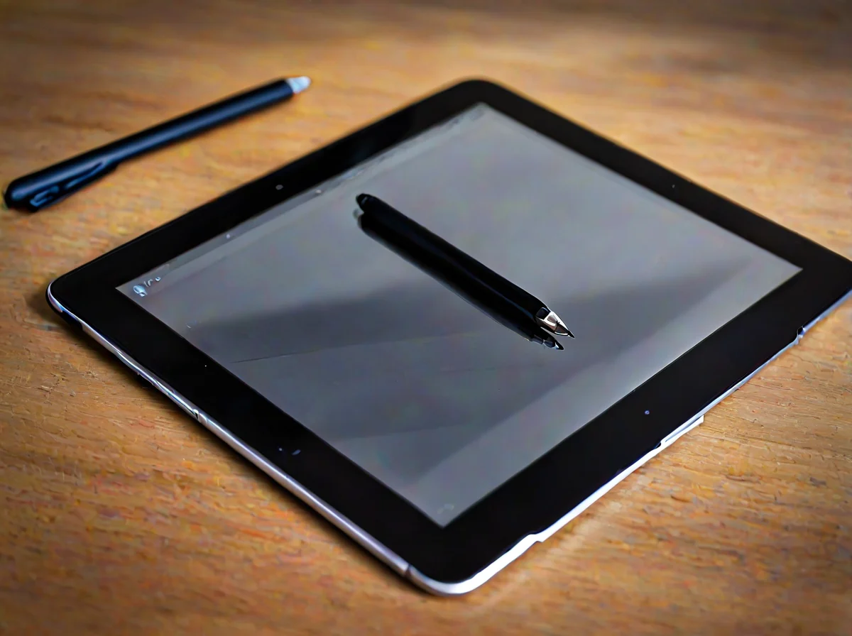 Digitale tablet op tafel met zwart stift op het scherm.