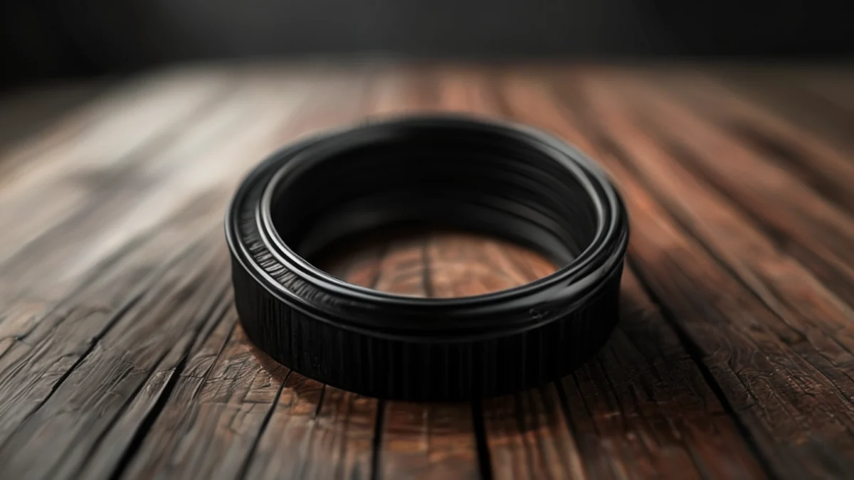 Cirkelvormig metaal lenzenring, zwart, ingeschreven, op een houten tafel, onder softbox licht, zacht focus, fotorealistisch, hoog detail