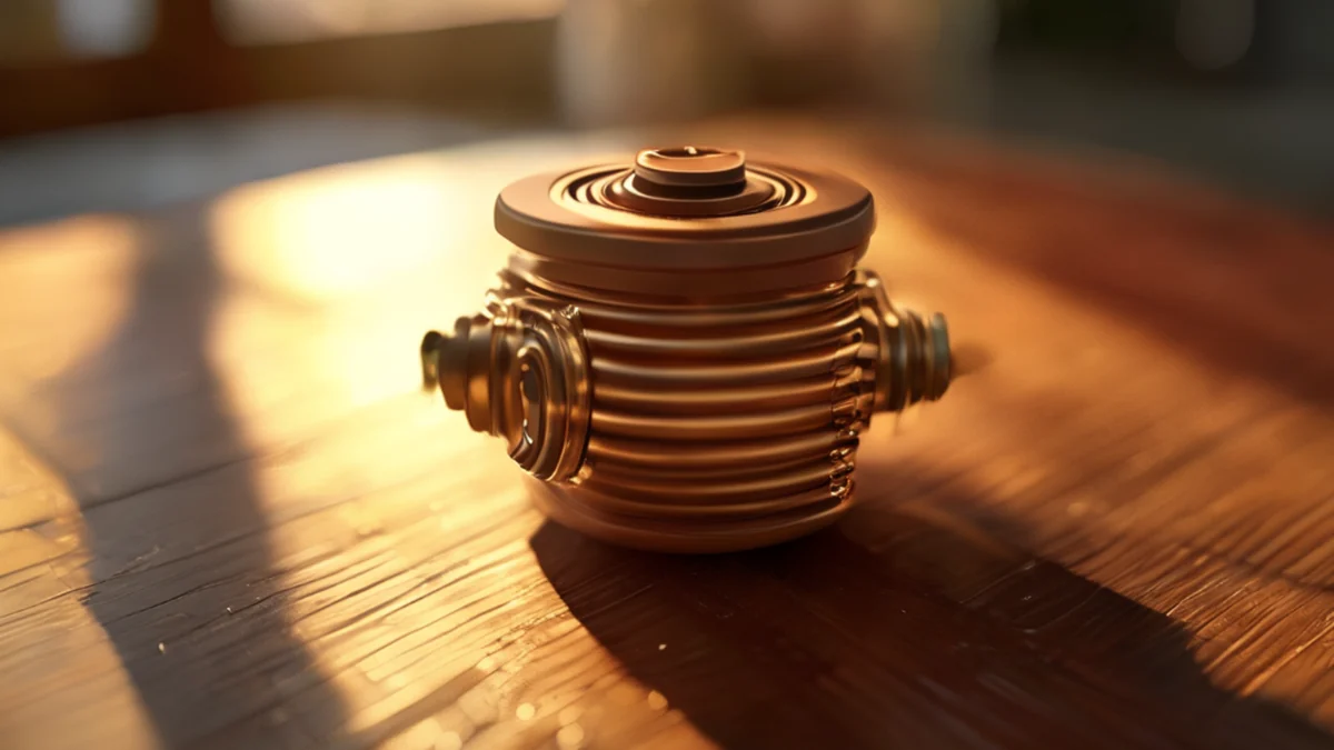Zentrierte Kraftstoffregelung, braun, gewölbte Oberfläche, glatter Zylinder, auf Holztisch, goldenes Stundentag-Licht, flache Schärfe, photo-realistisch, scharfe Schärfe, hohe Details