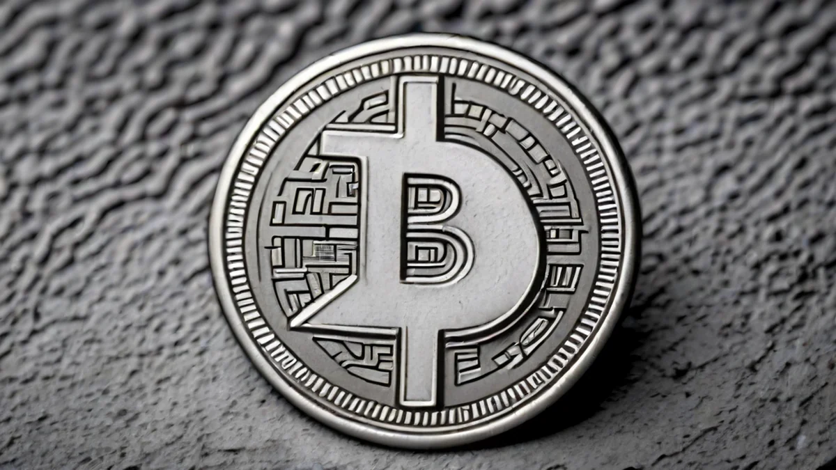 Silver coin with Bitcoin logo, showing metal texture and engraving.