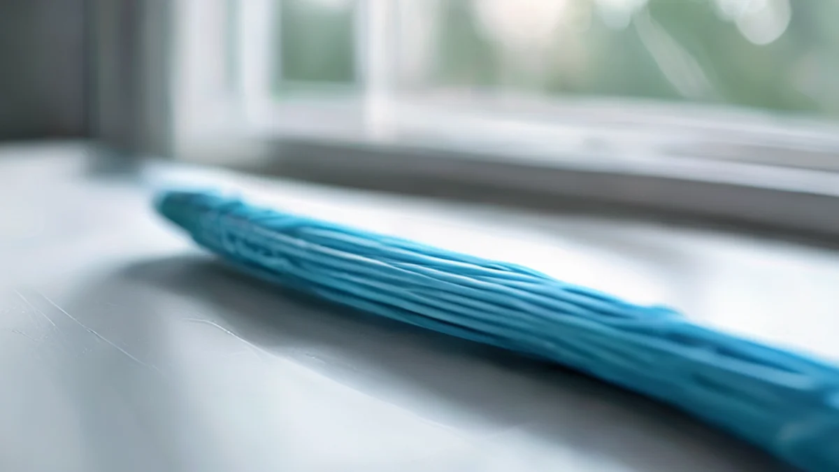 Un câble optique, bleu clair, avec une extrémité arrondie, reposant sur une table blanche, sous une lumière douce de fenêtre, champ de profondeur faible, réalisme photo, focus aigu, détails élevés