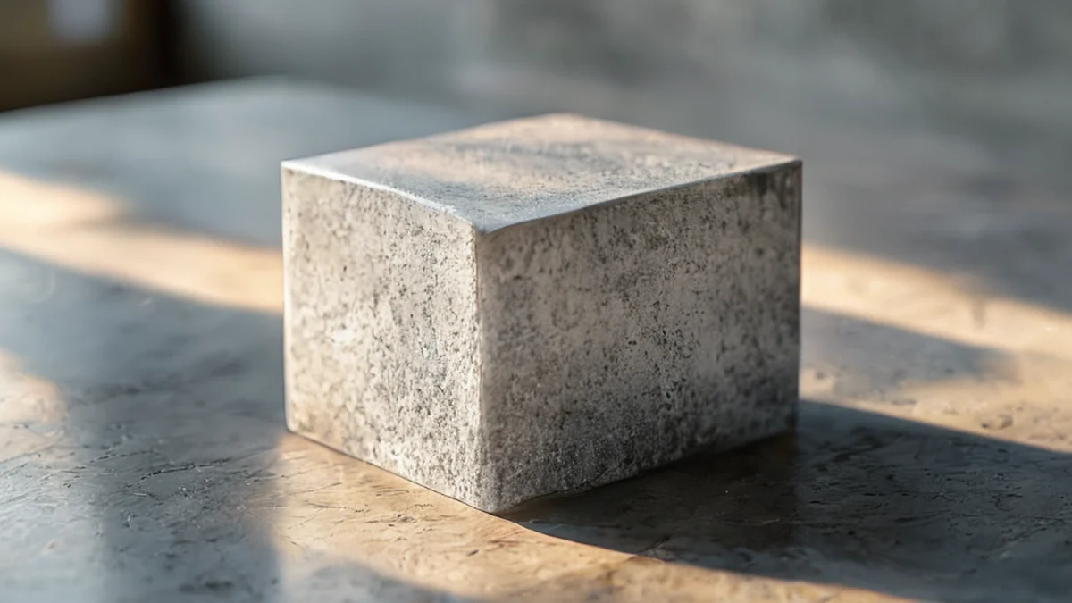 Blocco di zircone, centrale, grigio- bianco, cubo, superficie texturata, su una mensa in cemento, luce calda, profondità di campo bassa, realista.