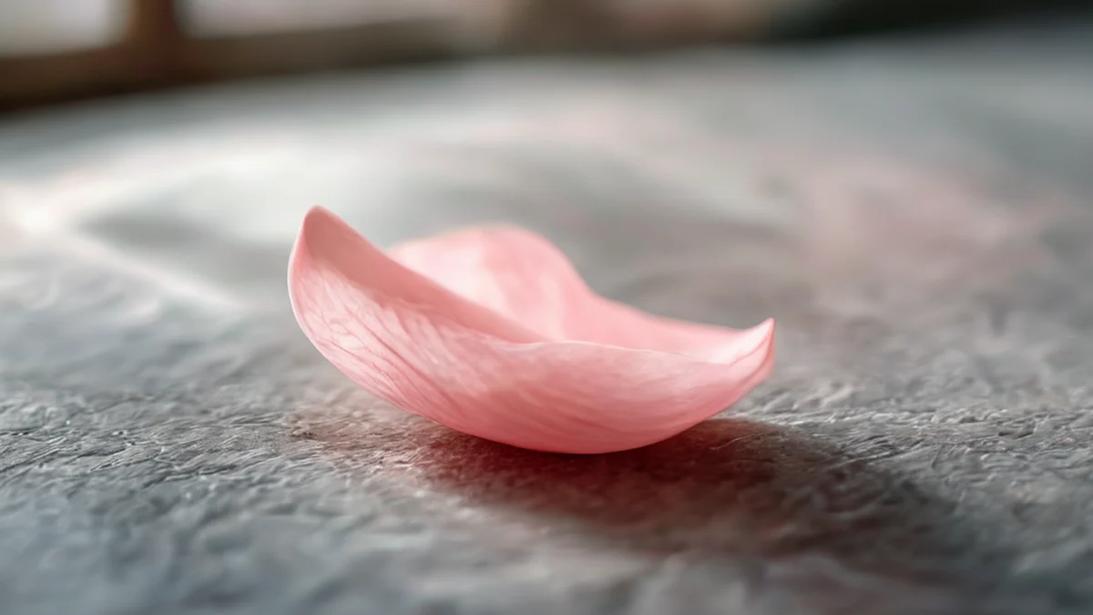 Un petalo in spirale, texture morbida, rosa chiaro, su una pietra, luce soffusa della finestra, profondità di campo sottile, realismo fotografico, dettagli elevati