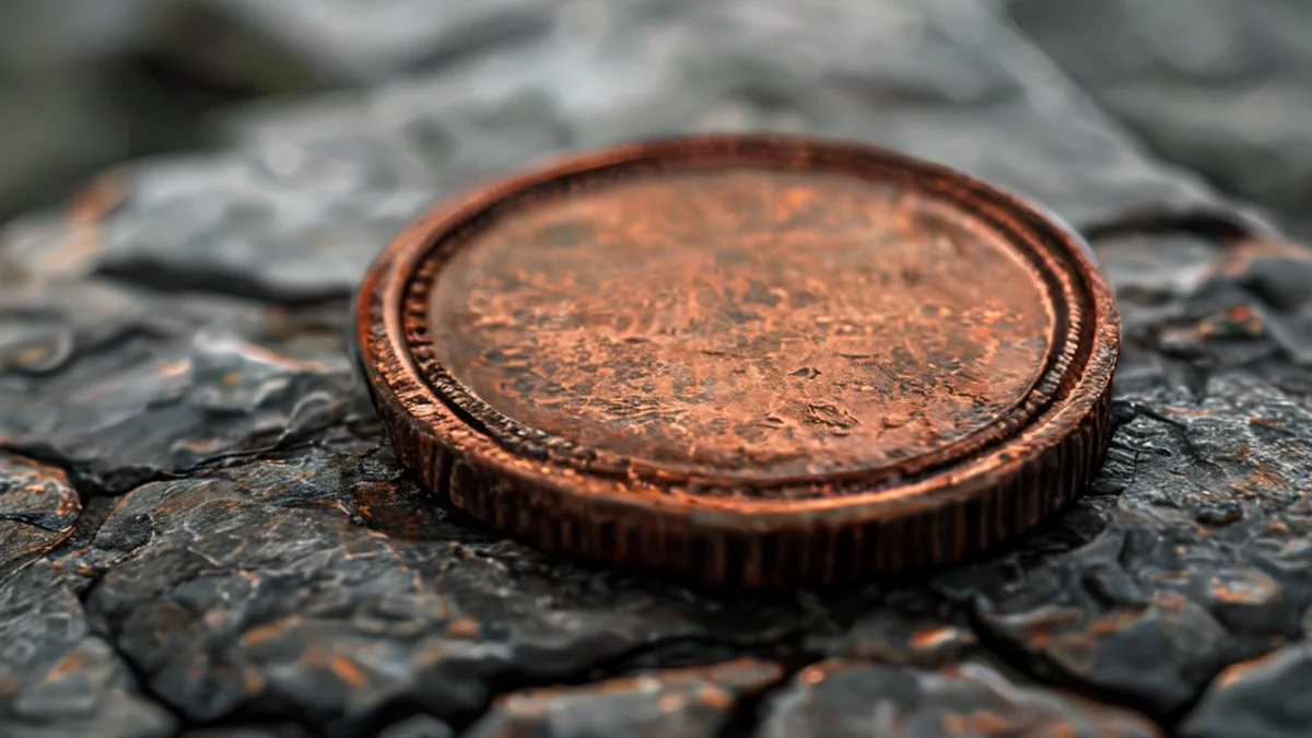 Moeda de bronze desgastada, superfície oxidada, cor de cobre profundo, sobre uma placa de pedra, dia nublado, profundidade de campo suave, foto-realista, foco afiado, detalhes altos