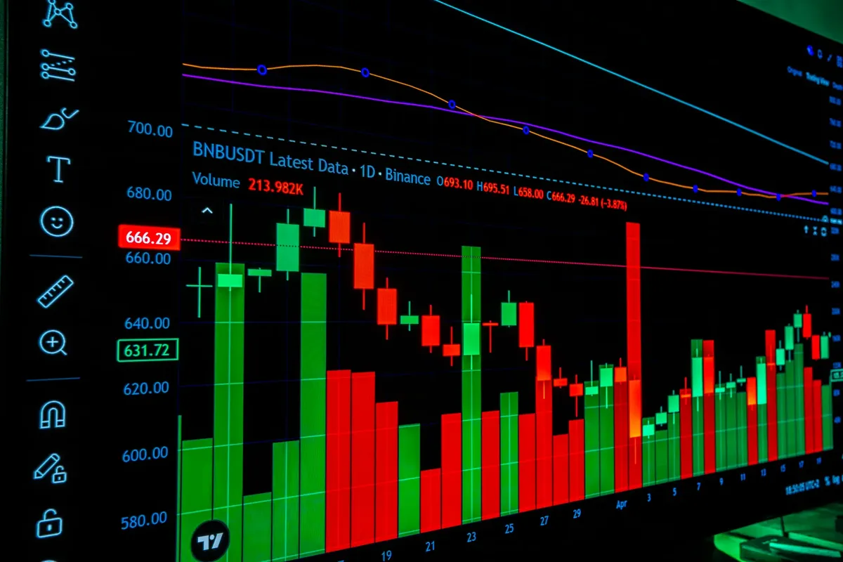Detailed visualization of BNBUSDT cryptocurrency chart with volume indicators on a trading platform.